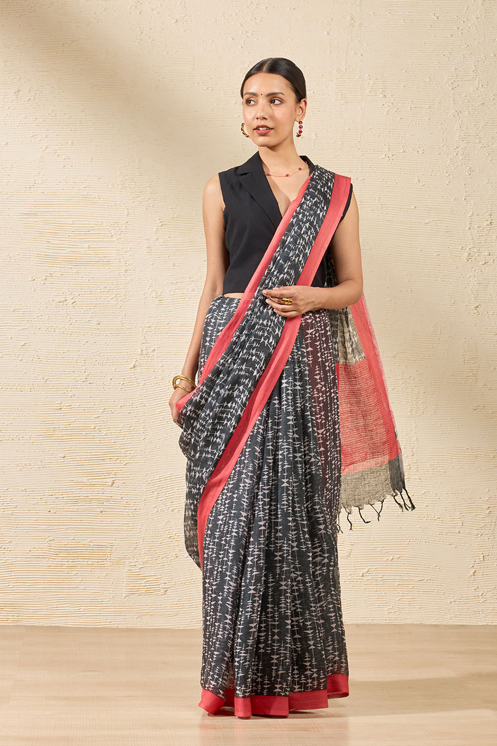 Black Screen Printed Pure Linen Saree image number null