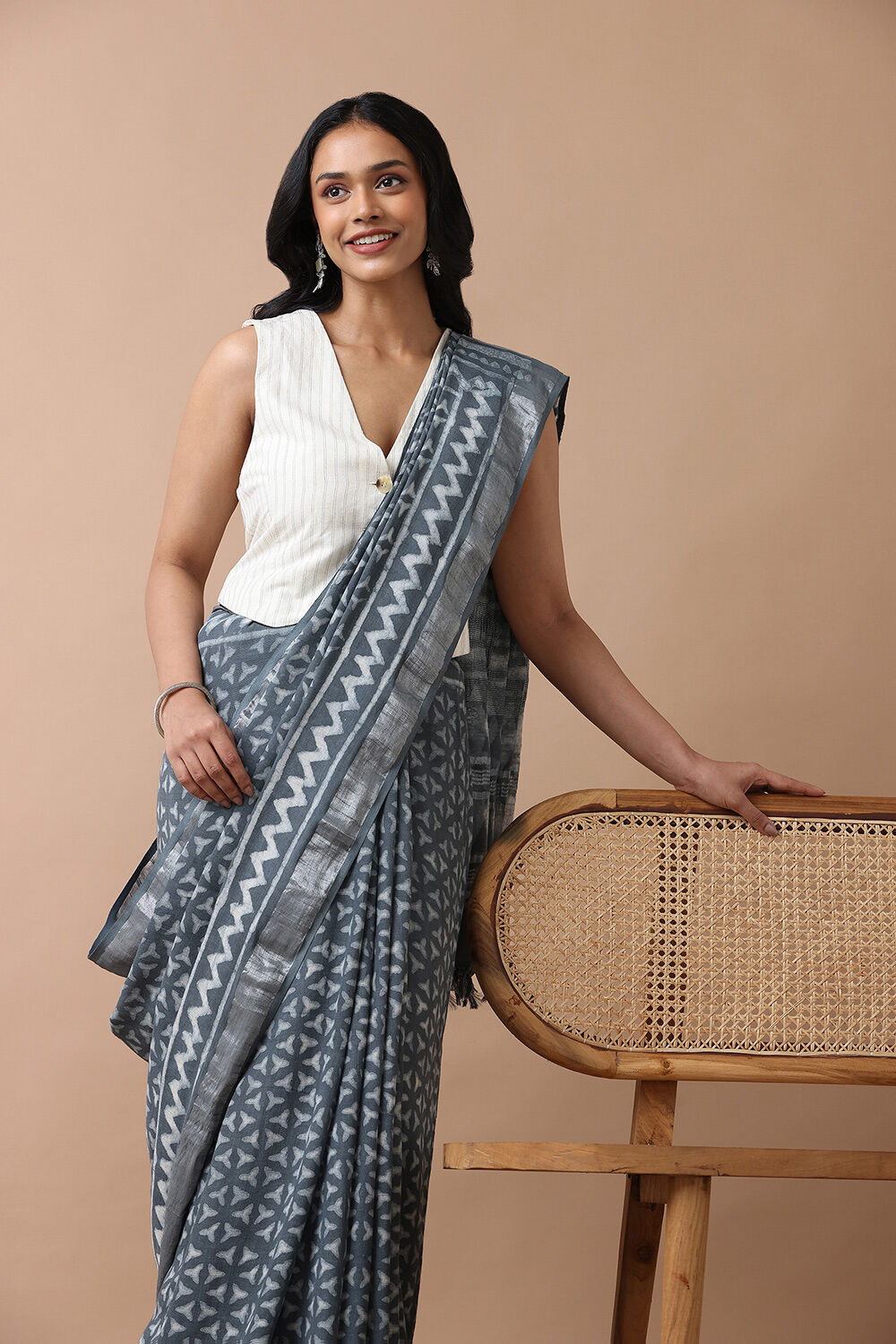 Grey Cotton Viscose Rajasthan Block Printed Saree image number null