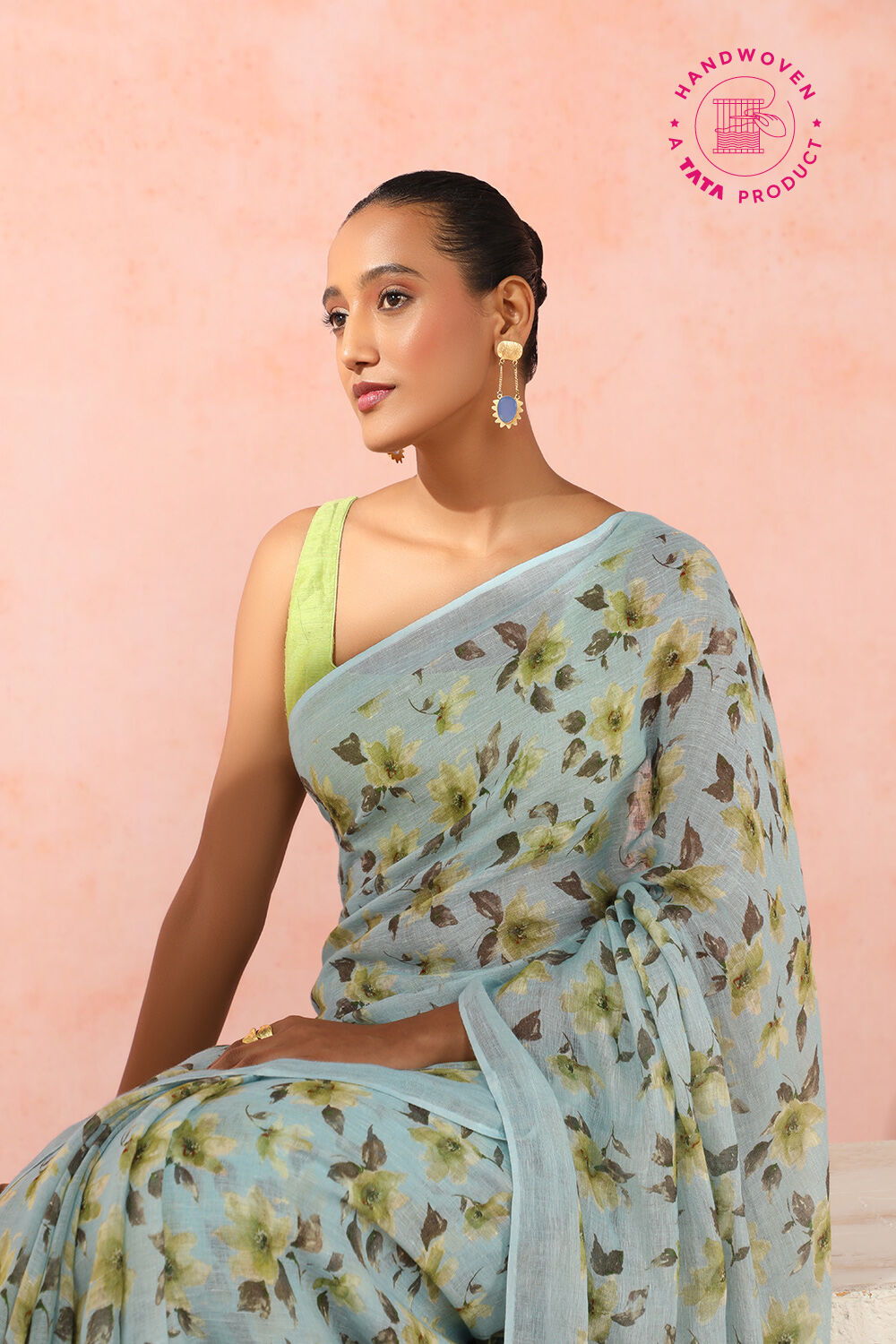 Blue Pure Linen Digital Printed Saree image number null