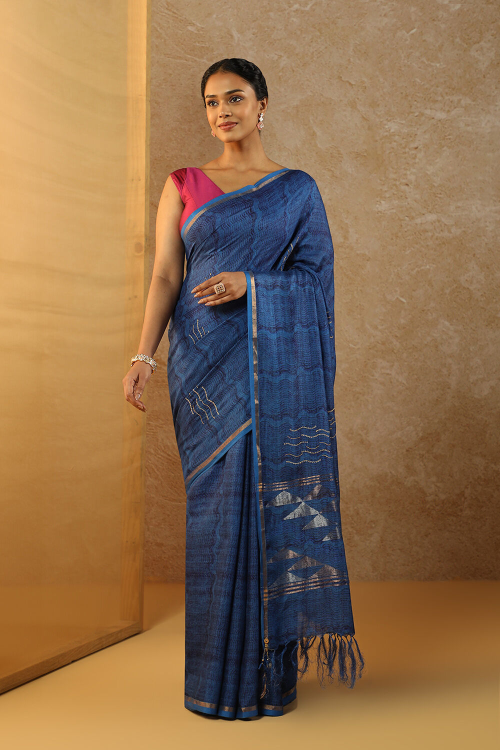 Blue Pure Tussar Silk Hand Painted Saree image number null