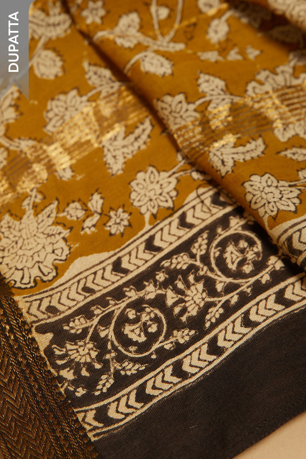 Yellow Bagru Block Printed Pure Silk Cotton Unstitched Suit Set image number null
