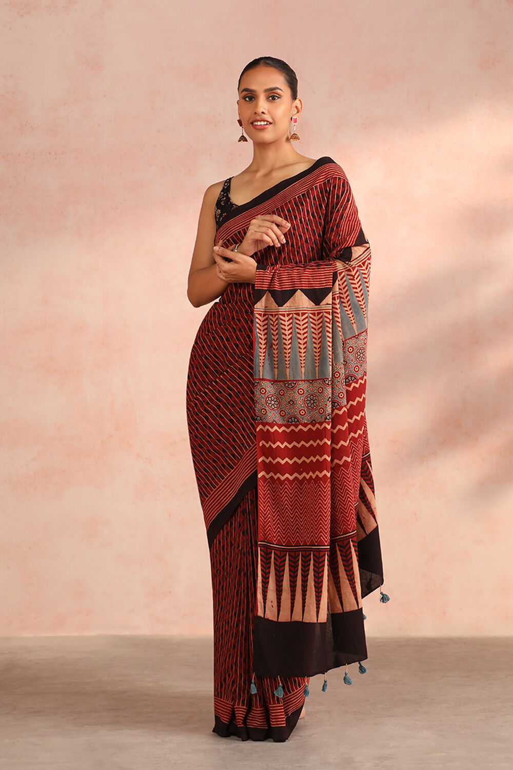 Red Gujarat Block Printed Pure Cotton Saree image number null