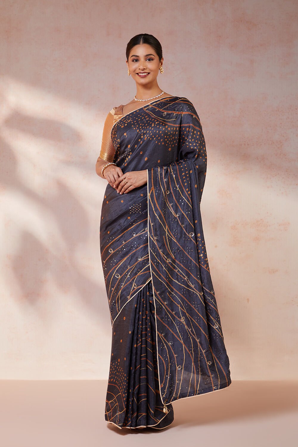 Dark Blue Hand Painted Silk Saree image number null