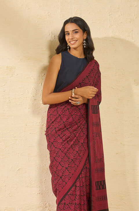 Red Bagh Block Printed Pure Cotton Saree