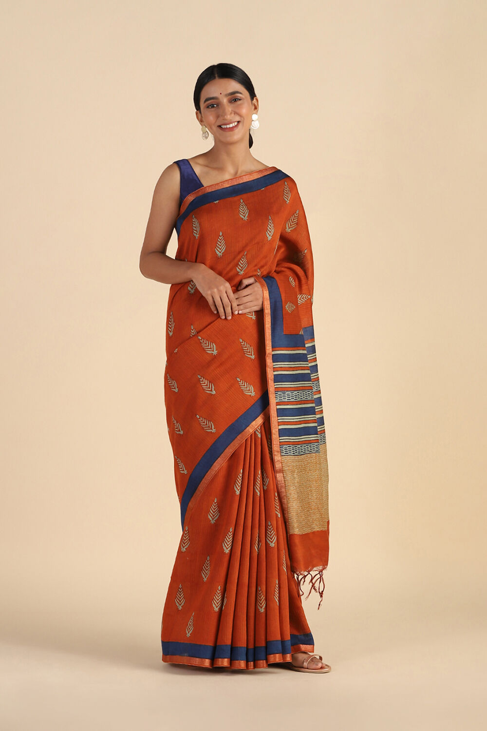 Orange Hand Blockprinted Pure Tussar Vanya Saree image number null