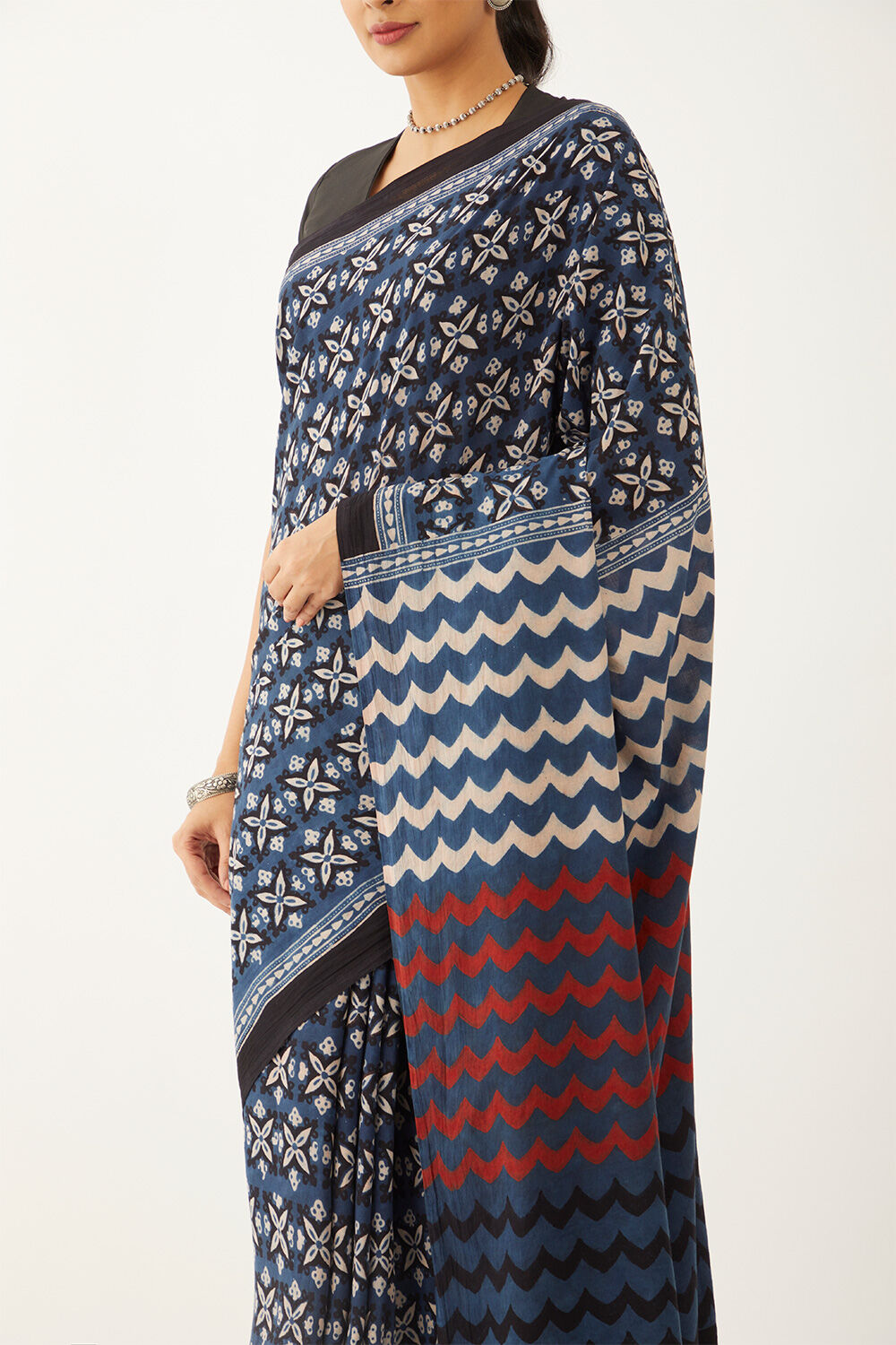 Blue Pure Cotton Ajrakh Block Print Saree image number null