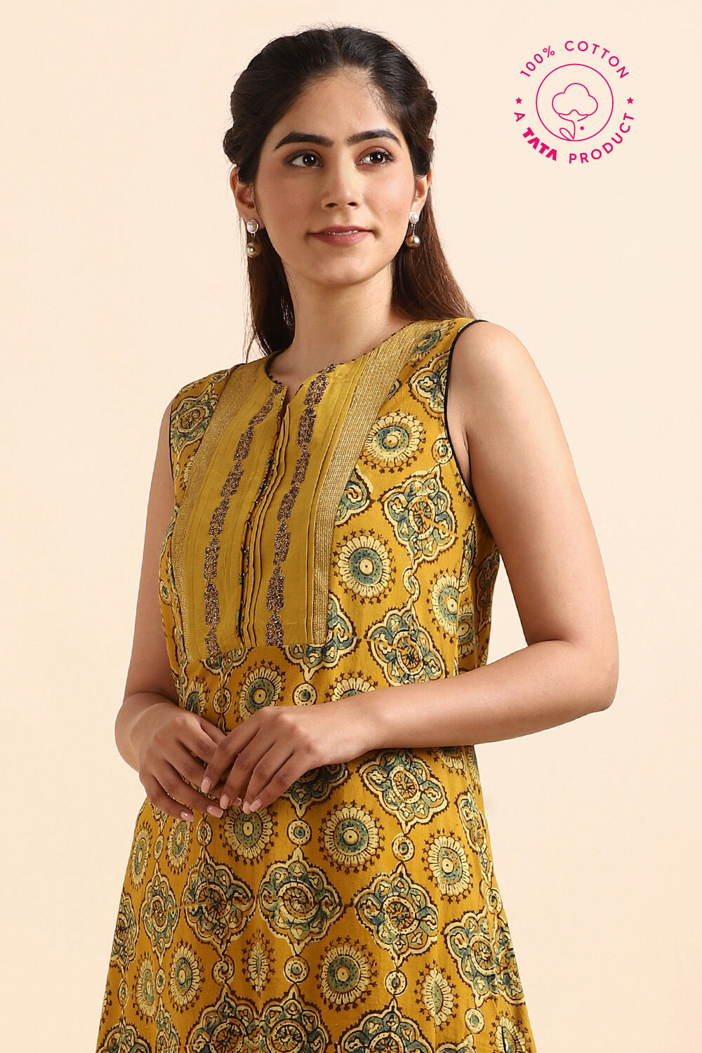 Yellow Ajrakh Block Printed Cotton Kurta image number null
