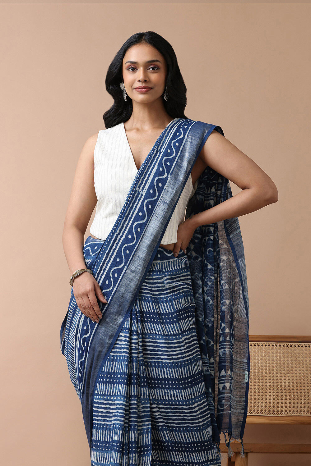 Light Blue Cotton Viscose Contemporary Block Printed Saree image number null
