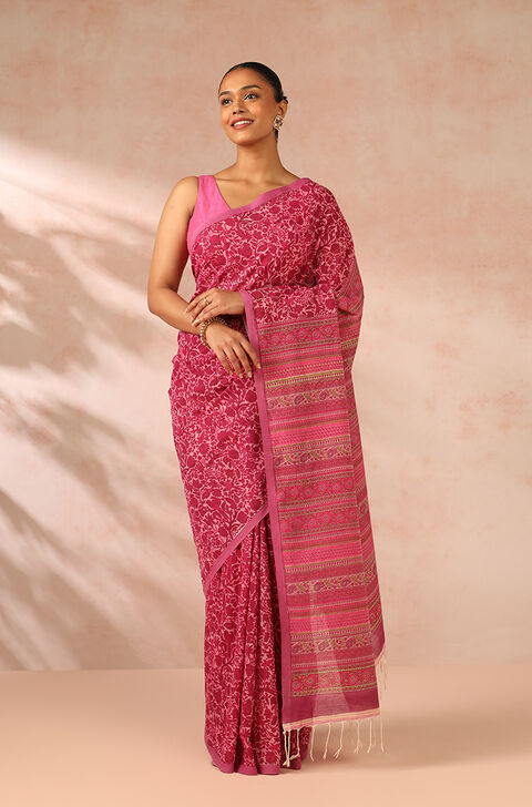 Pink Printed Bengal Pure Cotton Saree