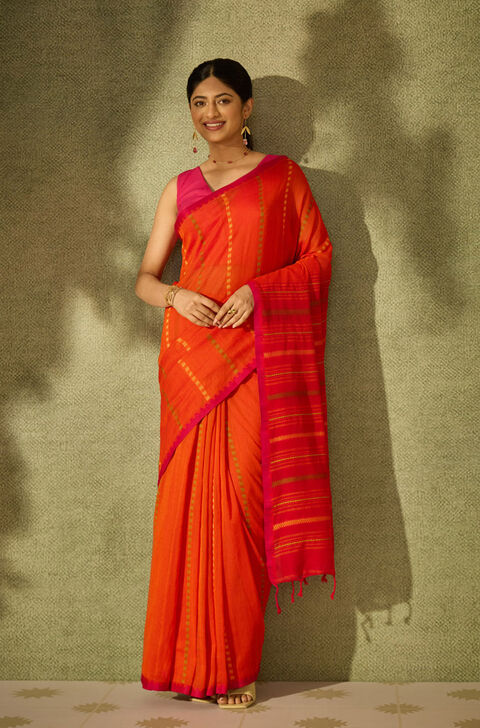 Orange Woven Pure Cotton Bengal Saree