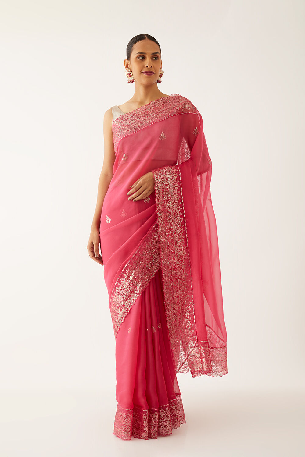 Dark Pink Viscose Organza Embroidered Saree image number null