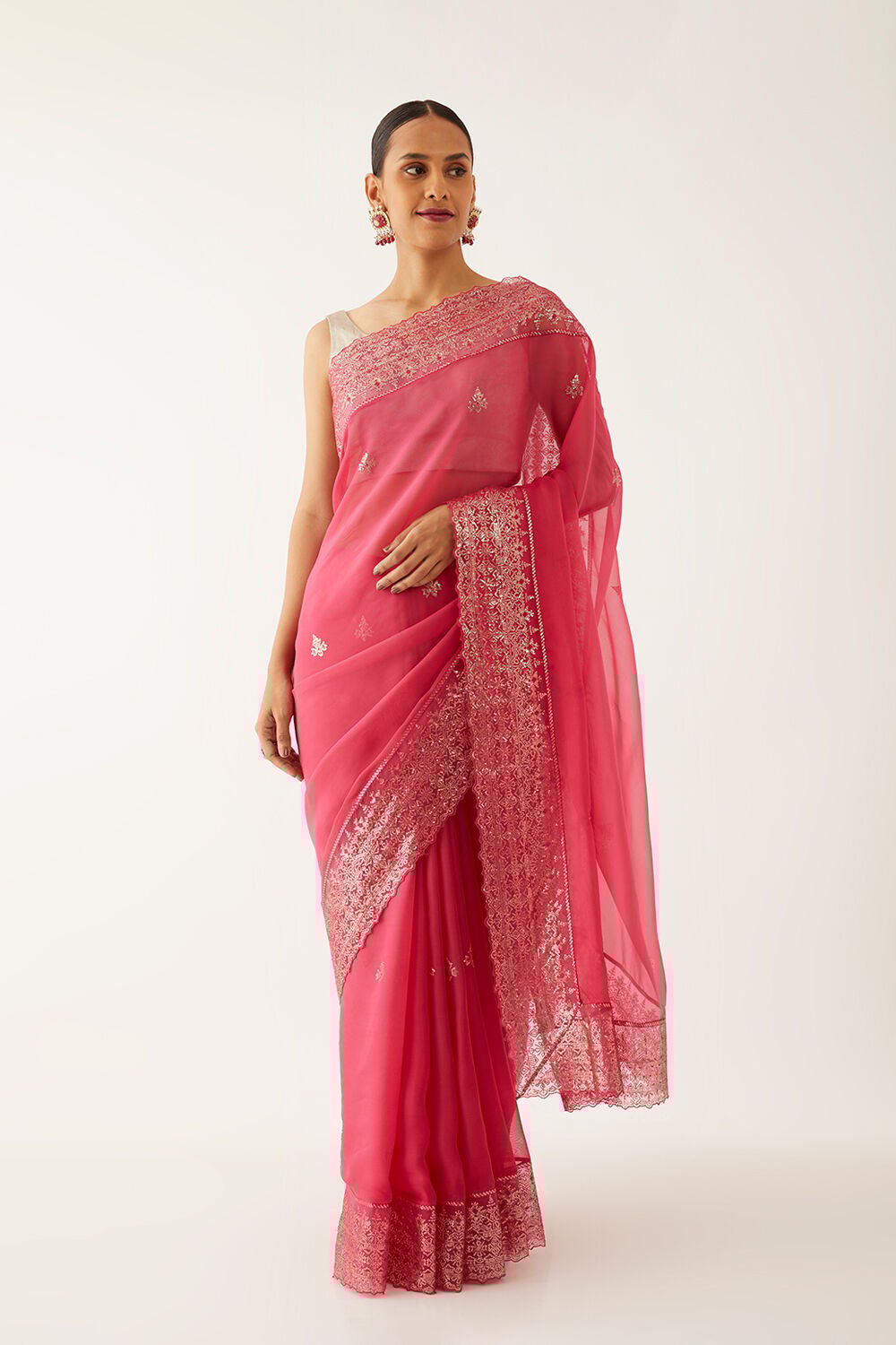 Dark Pink Viscose Organza Embroidered Saree image number null