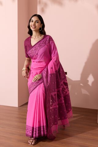 Pink Bengal Pure Cotton Jamdani Saree image number