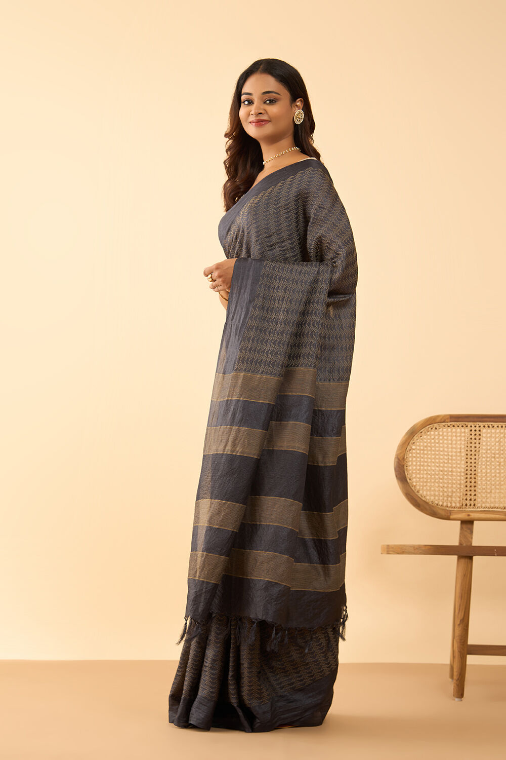 Black Chattisgarh Woven Pure Tussar Silk Saree image number null