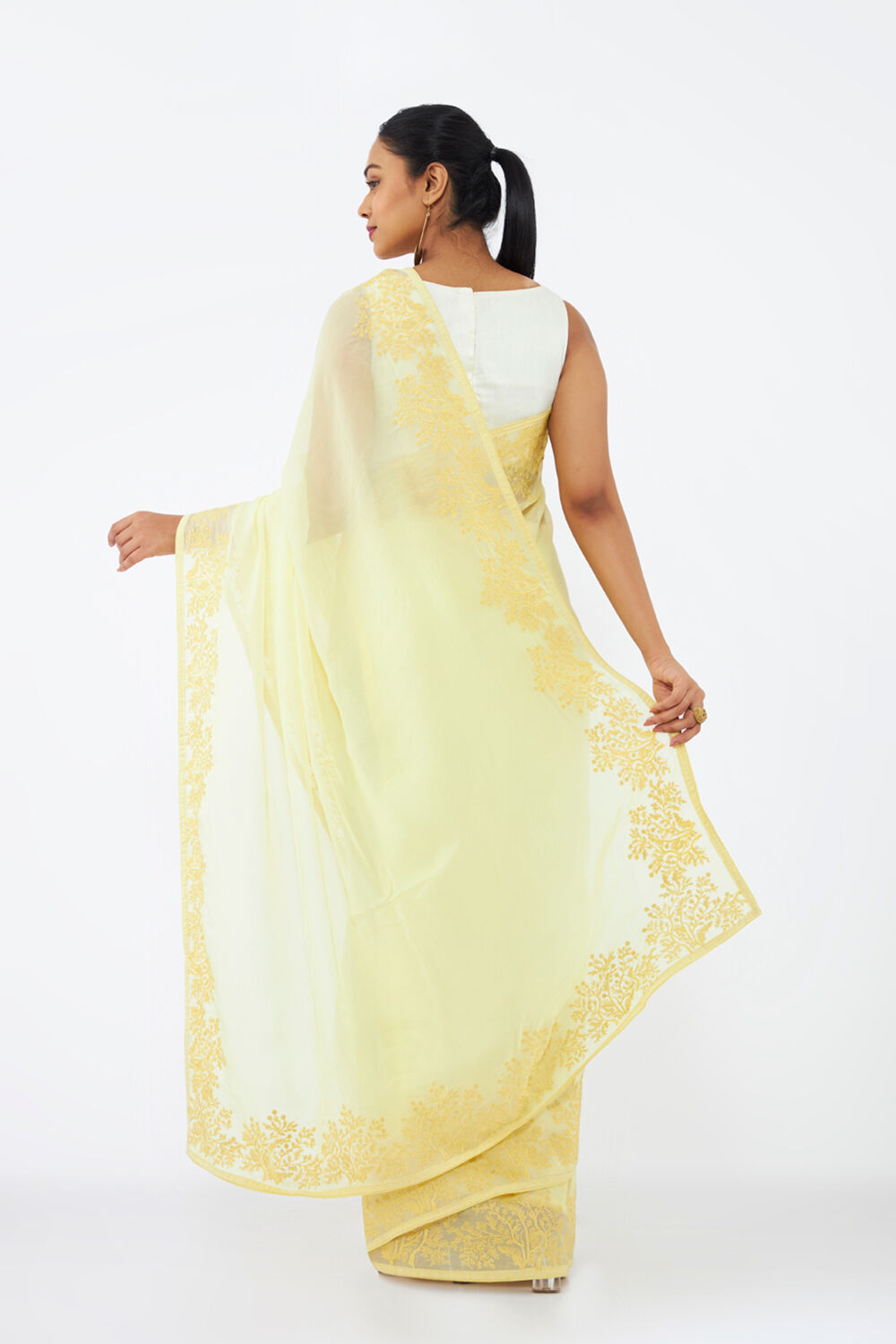 Light Yellow Viscose Organza Embroidered Saree image number null