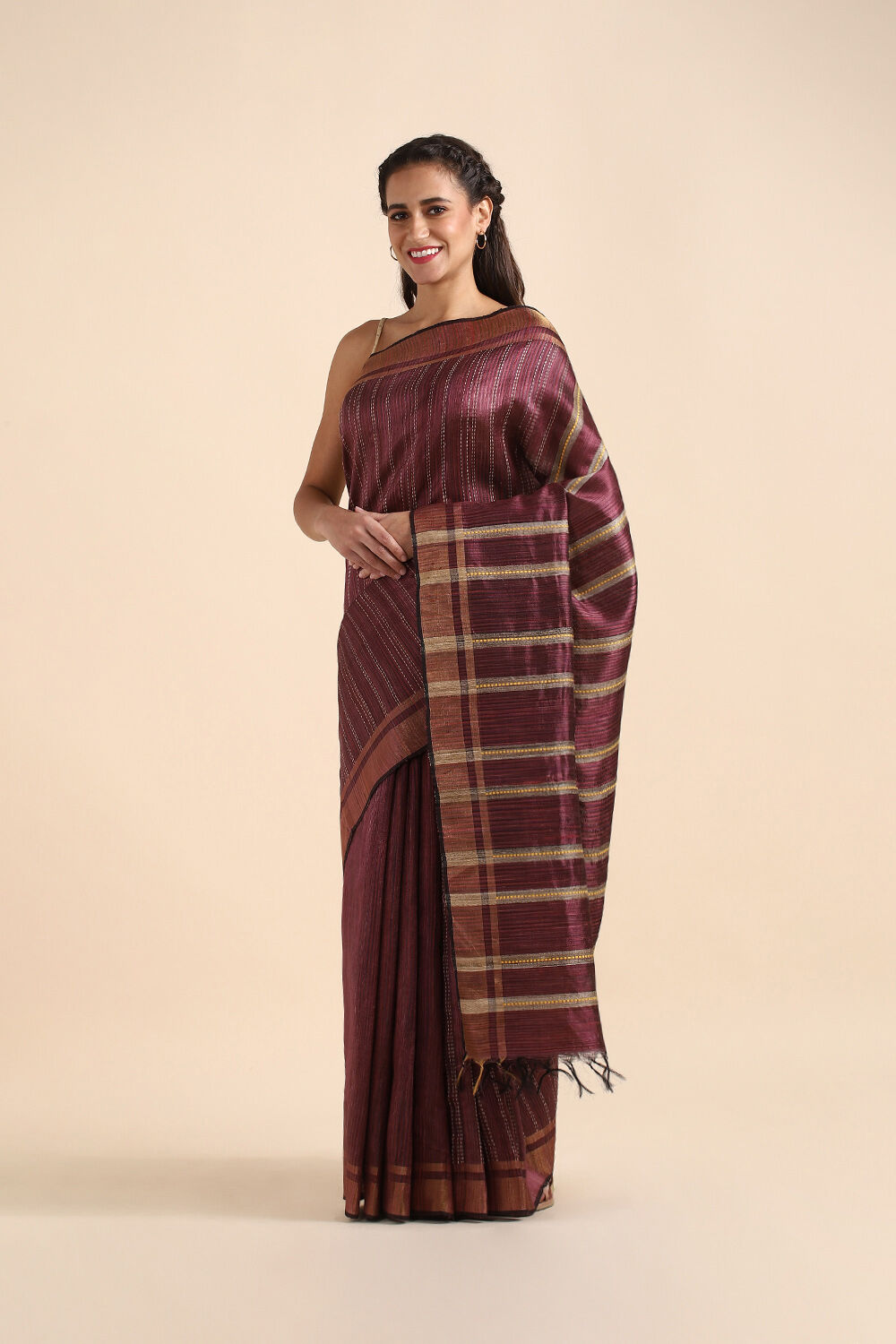 Dark Pink Pure Tussar Silk Tie and Dye Saree image number null