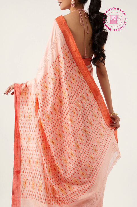 Light Orange Pure Silk Hand Painted Saree