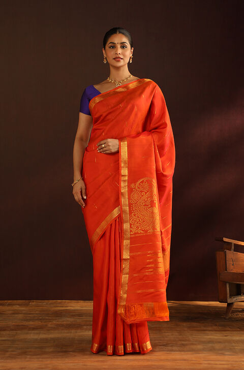Orange Woven Pure Silk Kanjivaram Saree