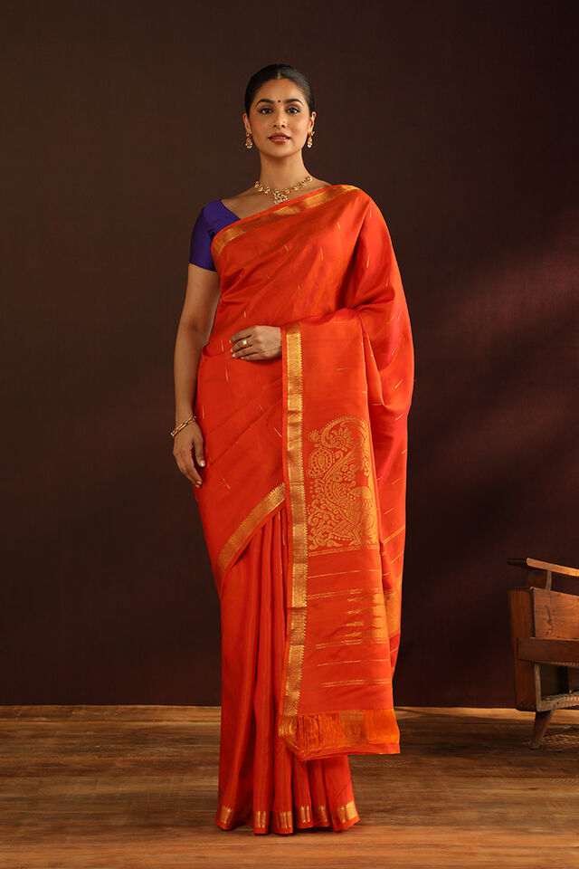Orange Woven Pure Silk Kanjivaram Saree