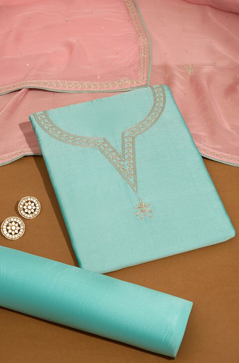 Light Blue Pure Silk Cotton Embroidered Unstitched Suit Set