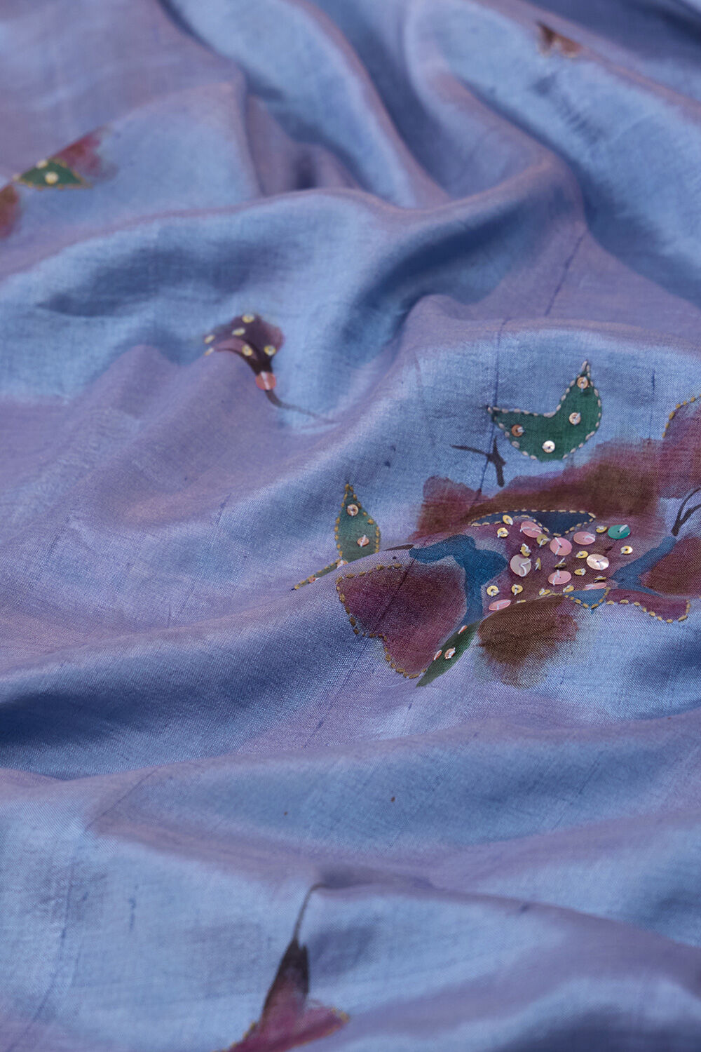 Light Violet Bengal Pure Silk Hand Painted Embroidered Saree image number null
