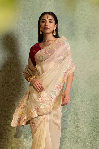 Off White Gota Patti Emroidery Viscose Tissue Saree image number