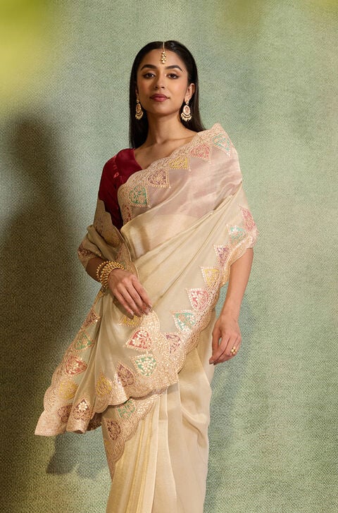 Off White Gota Patti Emroidery Viscose Tissue Saree