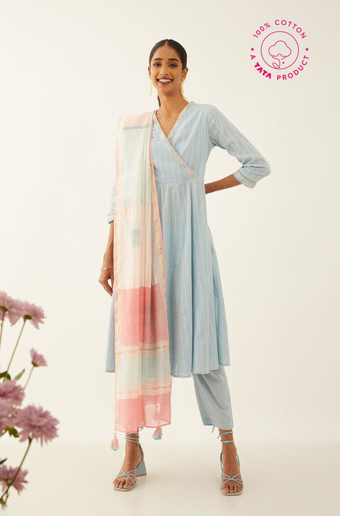 Light Blue Cotton Block Printed Kurta Set