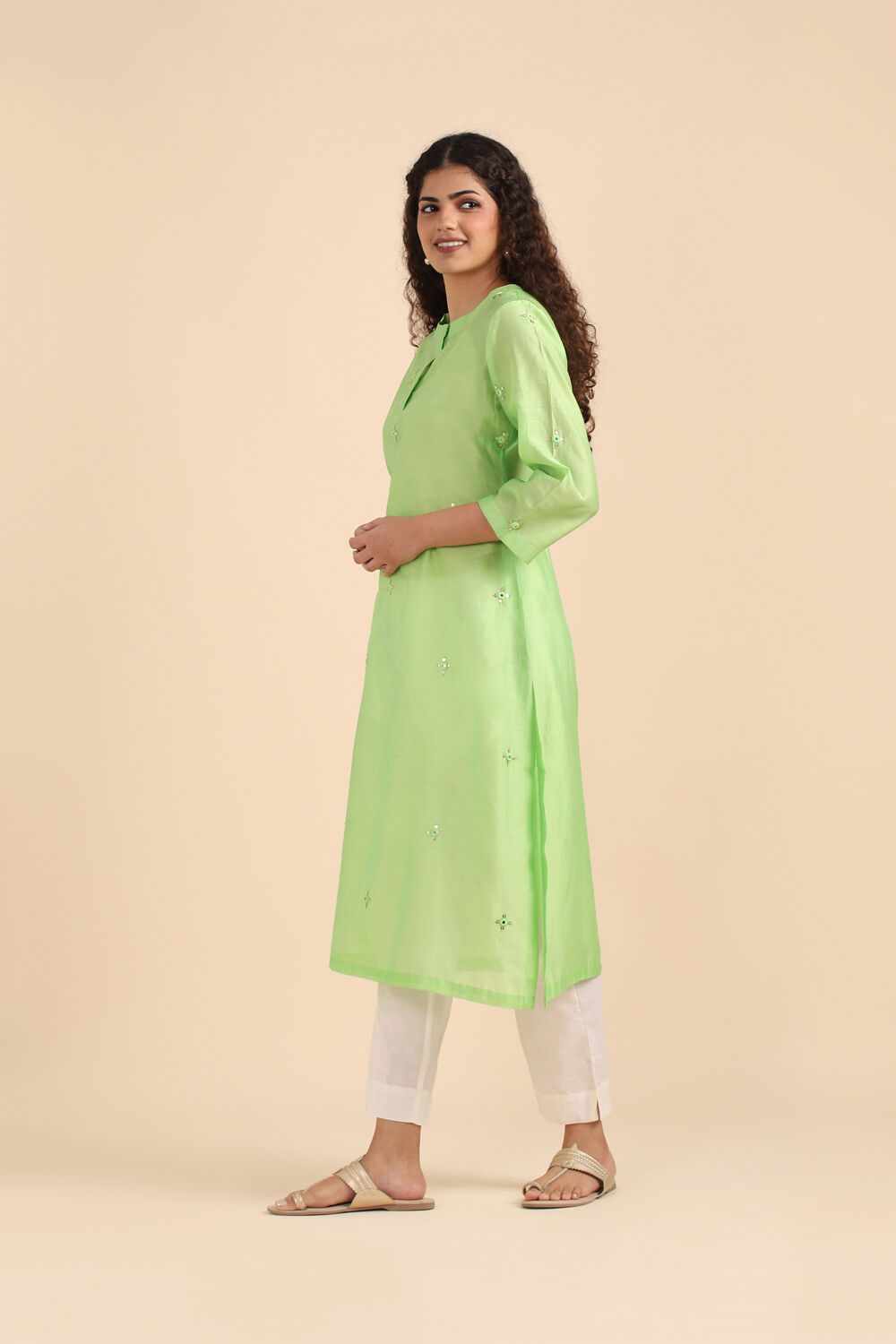 Light Green Silk Cotton Embroidered Kurta image number null