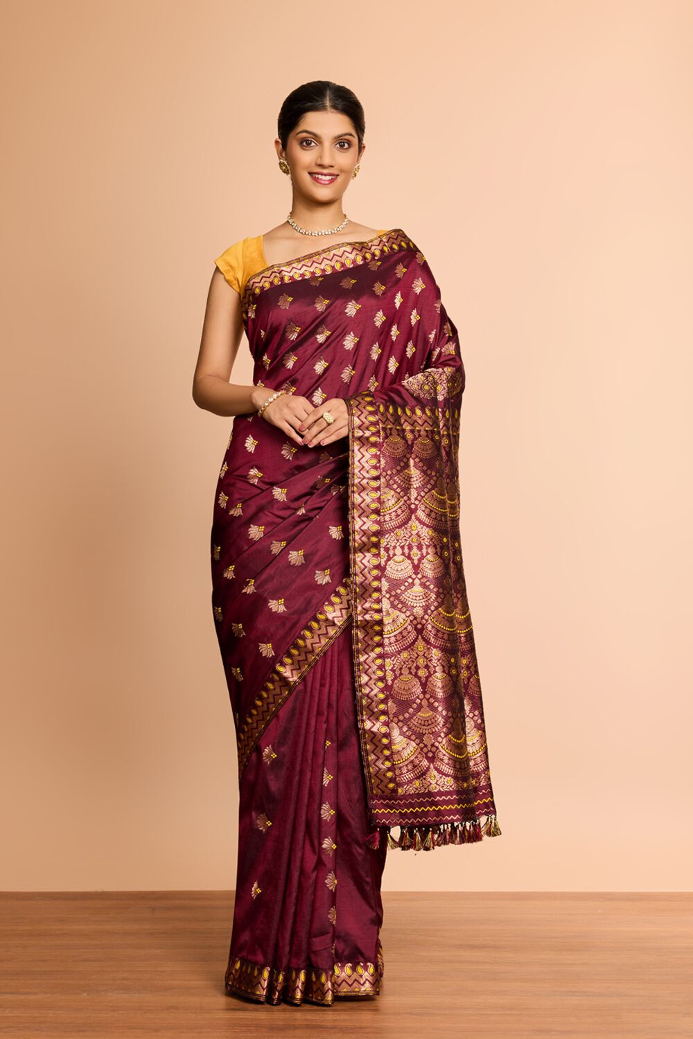 Dark Red Assam Woven Pure Silk Saree image number null
