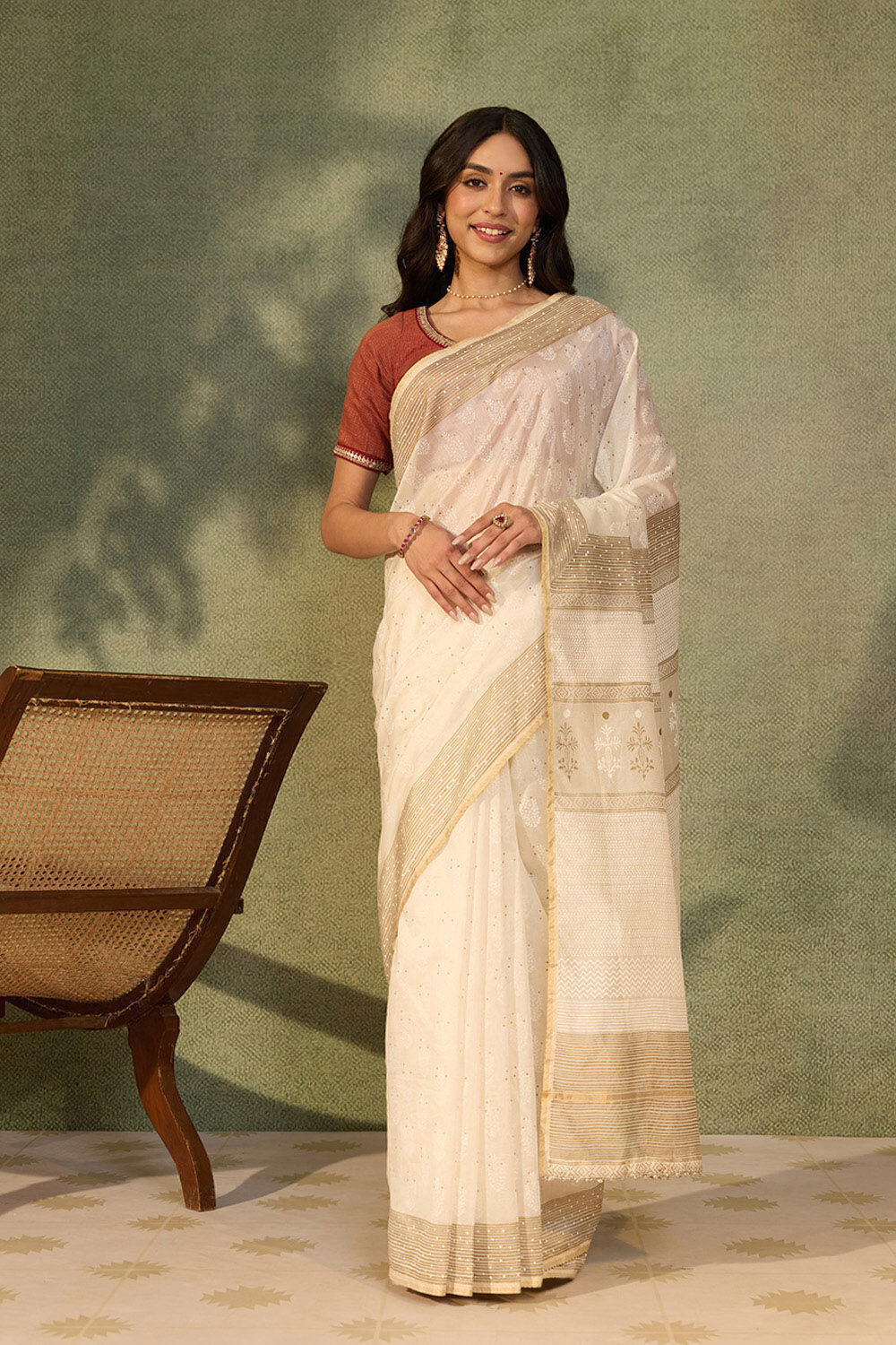 Off White Pure Silk Cotton Printed Sanganeri Saree image number null