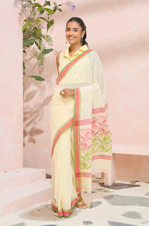 Off White Cutwork Pure Cotton Bengal Saree
