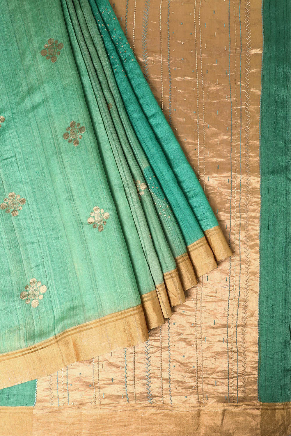 Green Pure Silk Tussar Chanderi Saree image number null