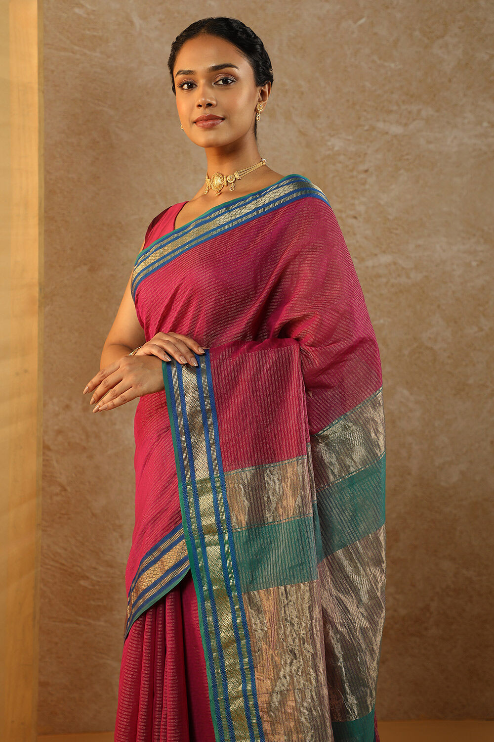 Pink Woven Pure Tissue Cotton Maheshwari Saree image number null