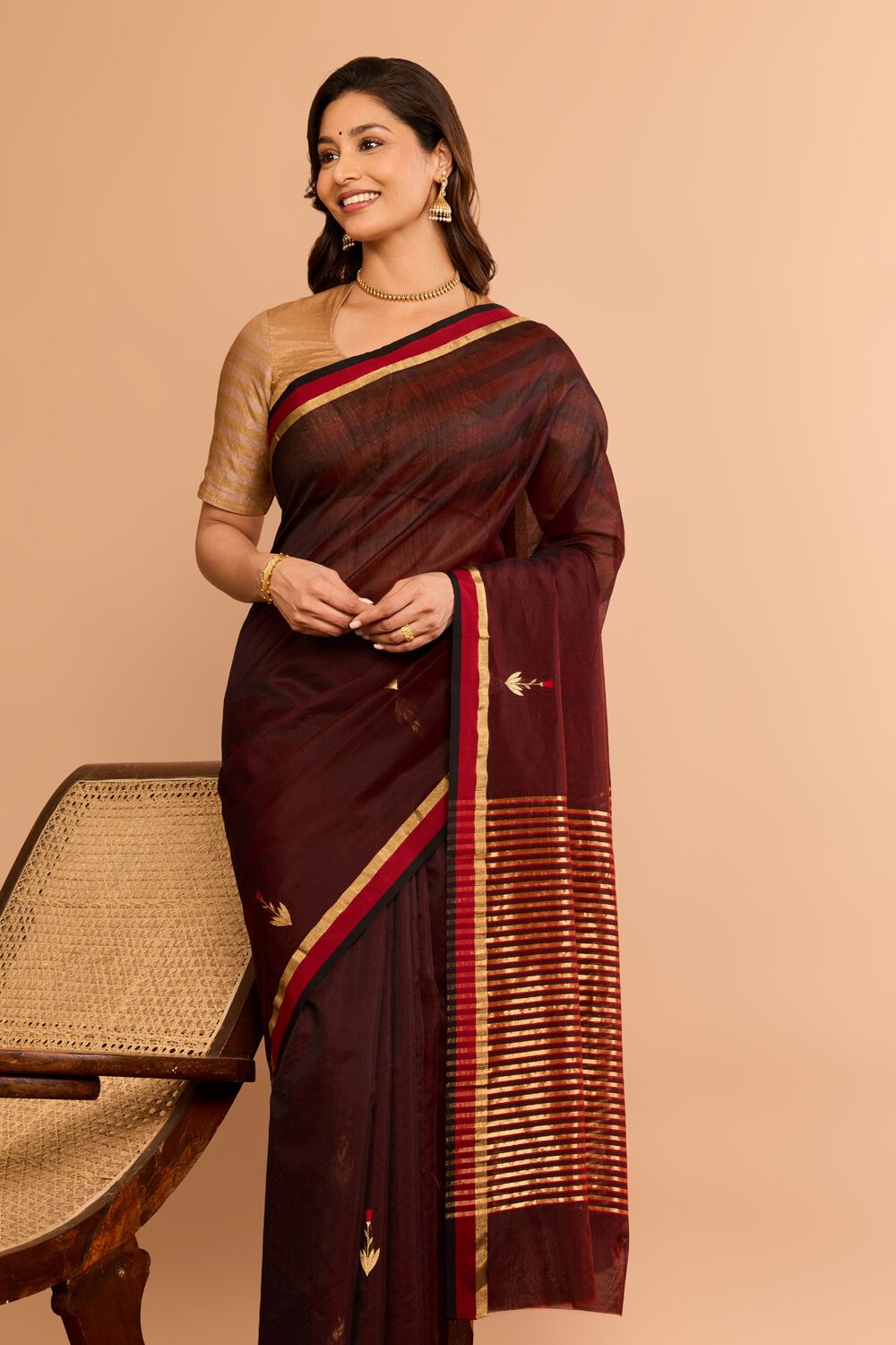 Dark Red Eknaliya Pure Silk Cotton Chanderi Saree image number null