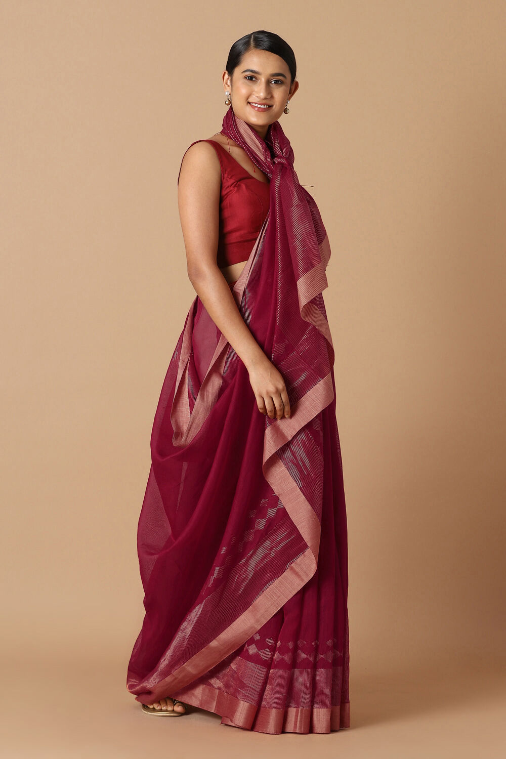 Dark Pink Pure Silk Cotton Jamdani Saree image number null