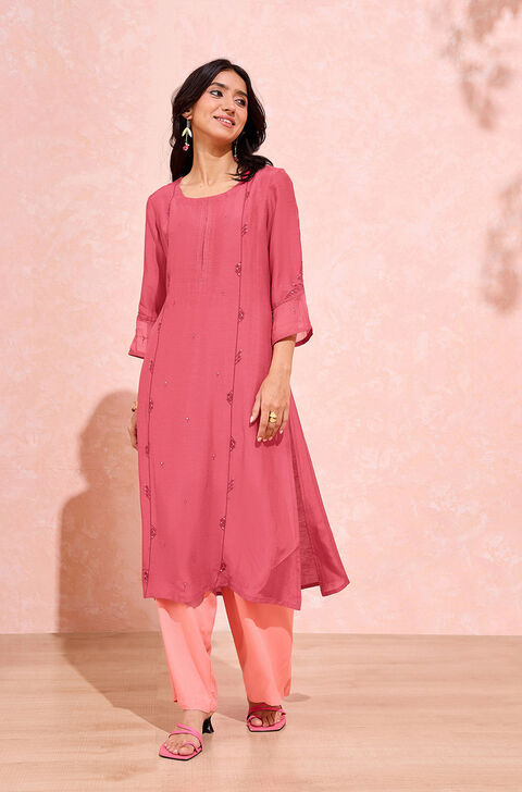 Pink Viscose Embroidered Kurta