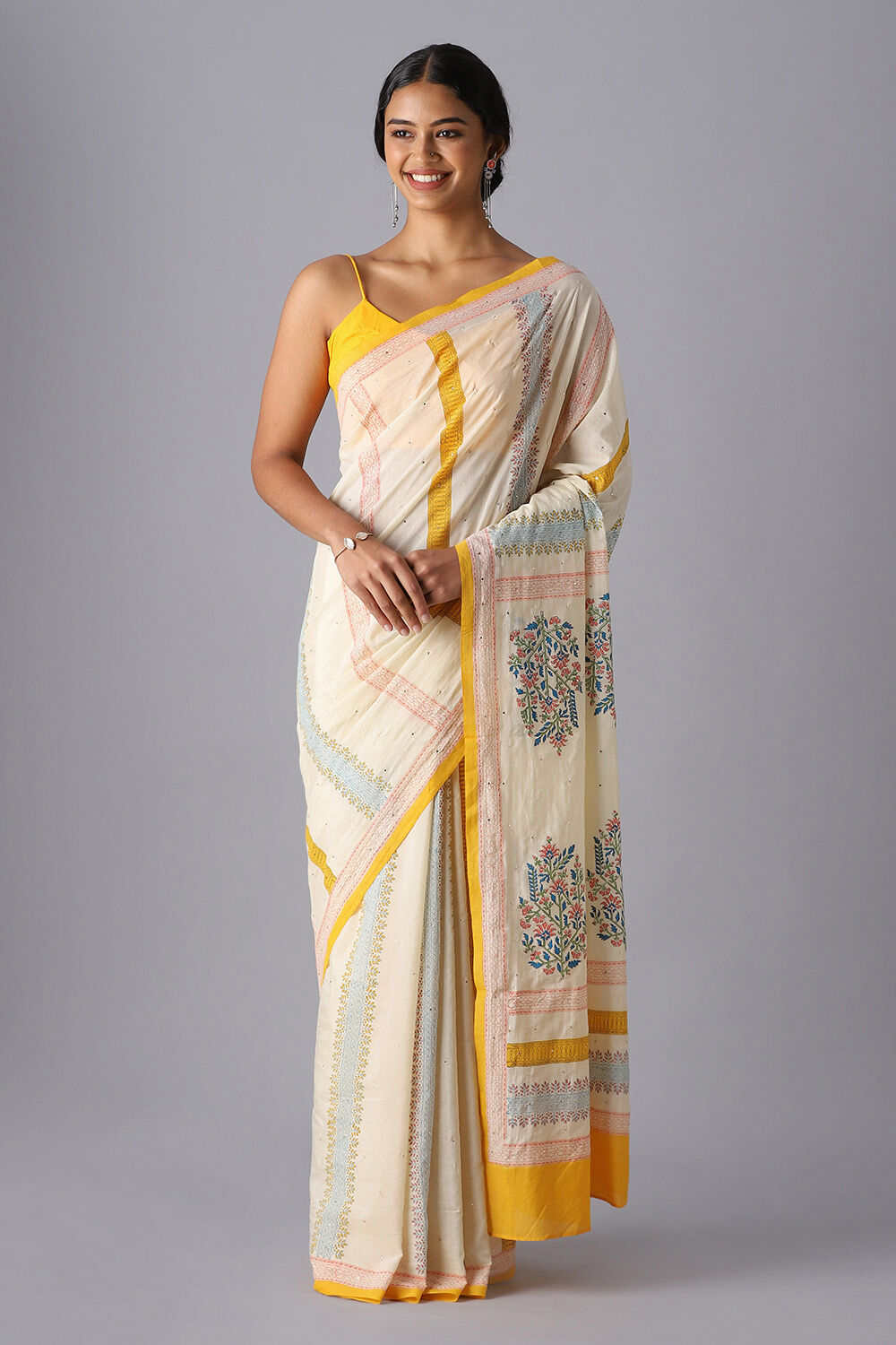 Off White Pure Silk Cotton Sanganeri Printed Saree image number null