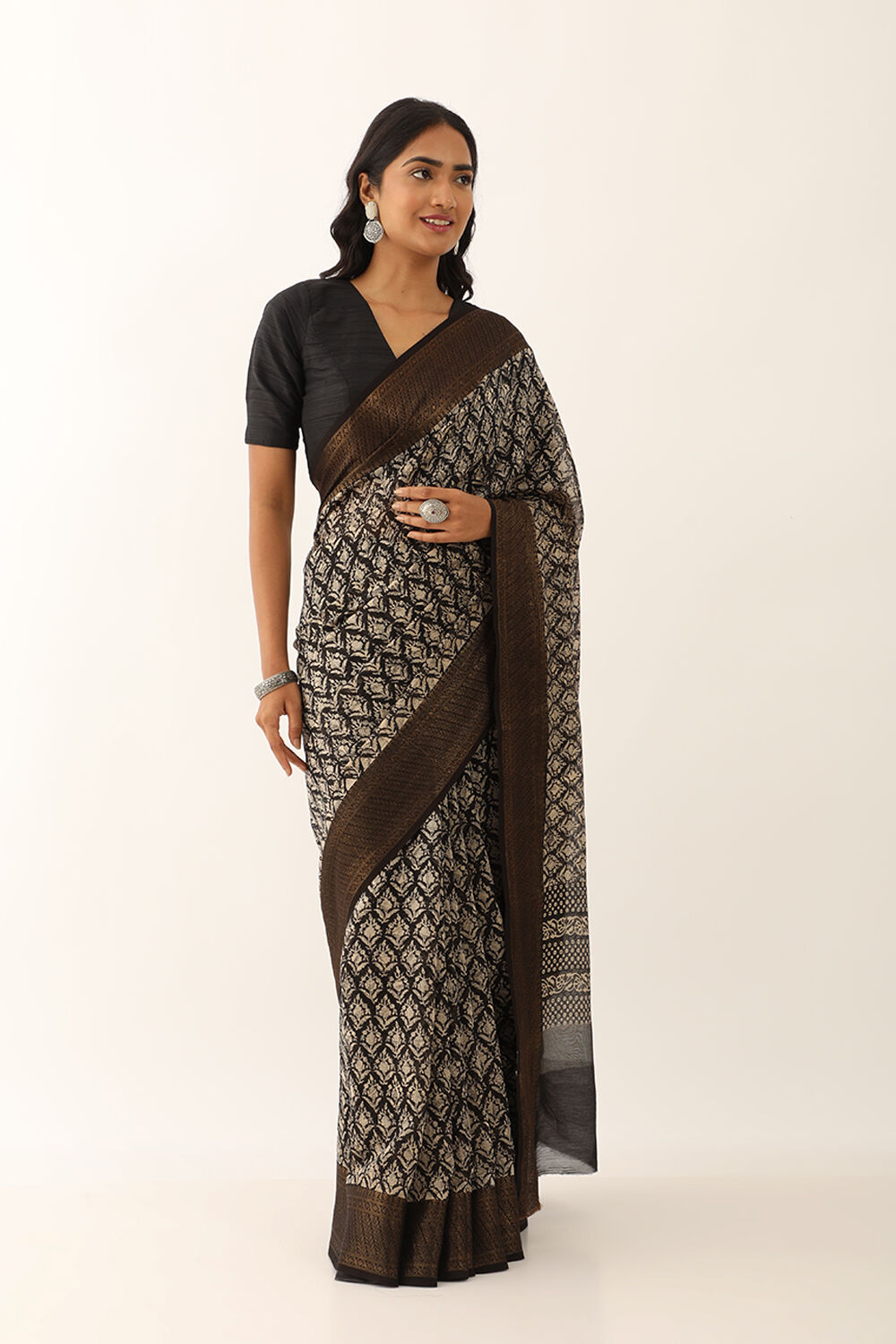 Black Pure Silk Cotton Block Printed Saree image number null