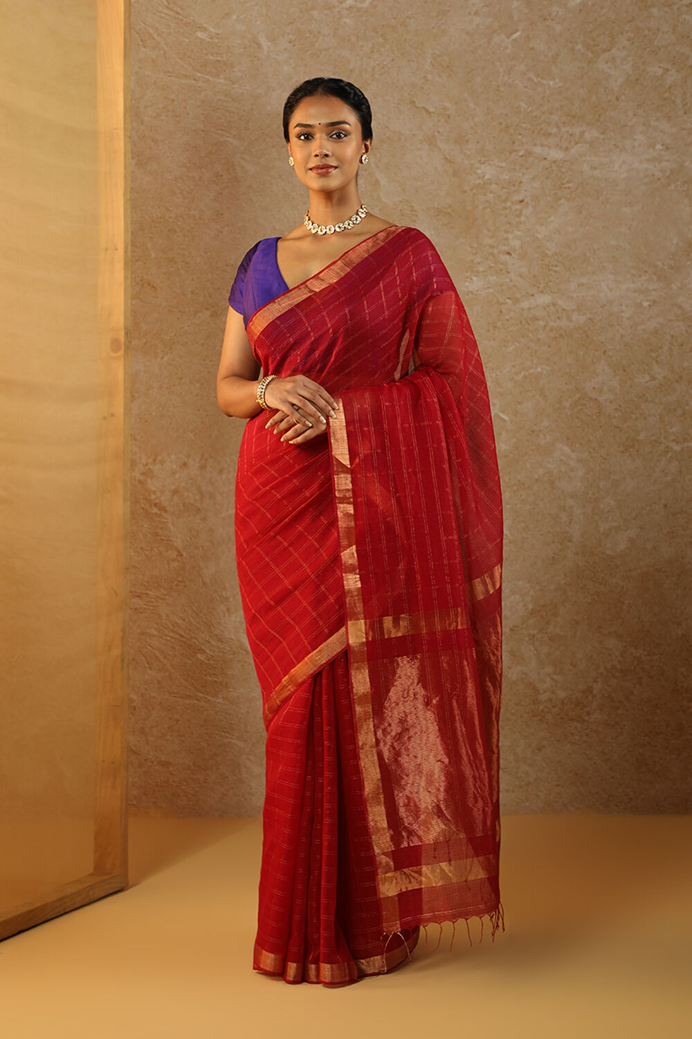 Red Woven Pure Silk Cotton Bengal Saree image number null