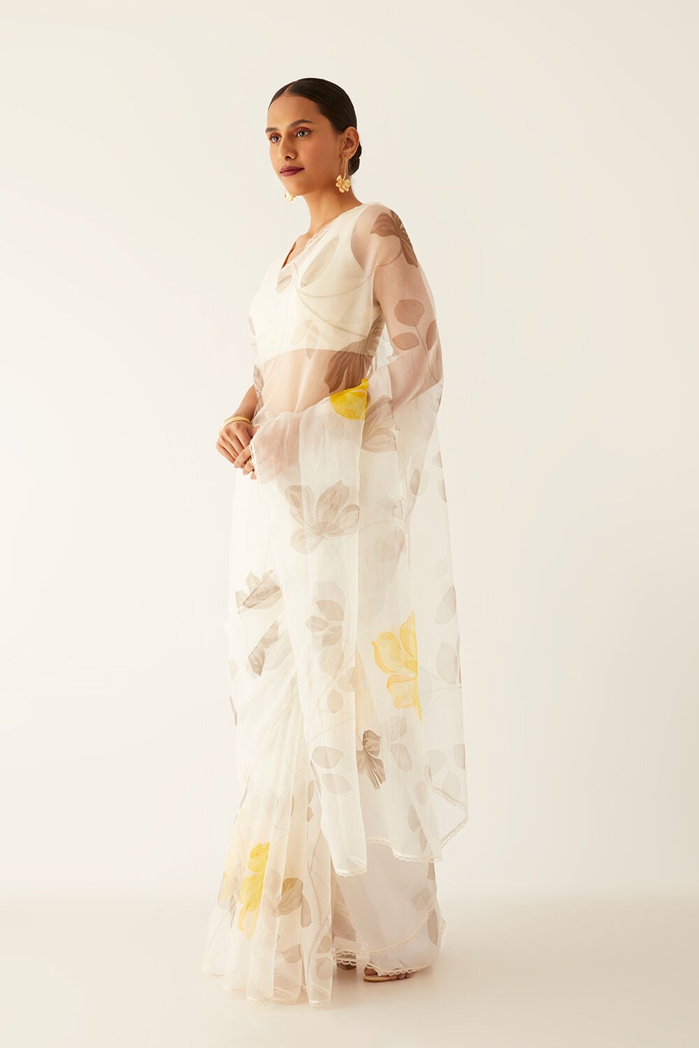 Off White Pure Organza Painted Saree image number null