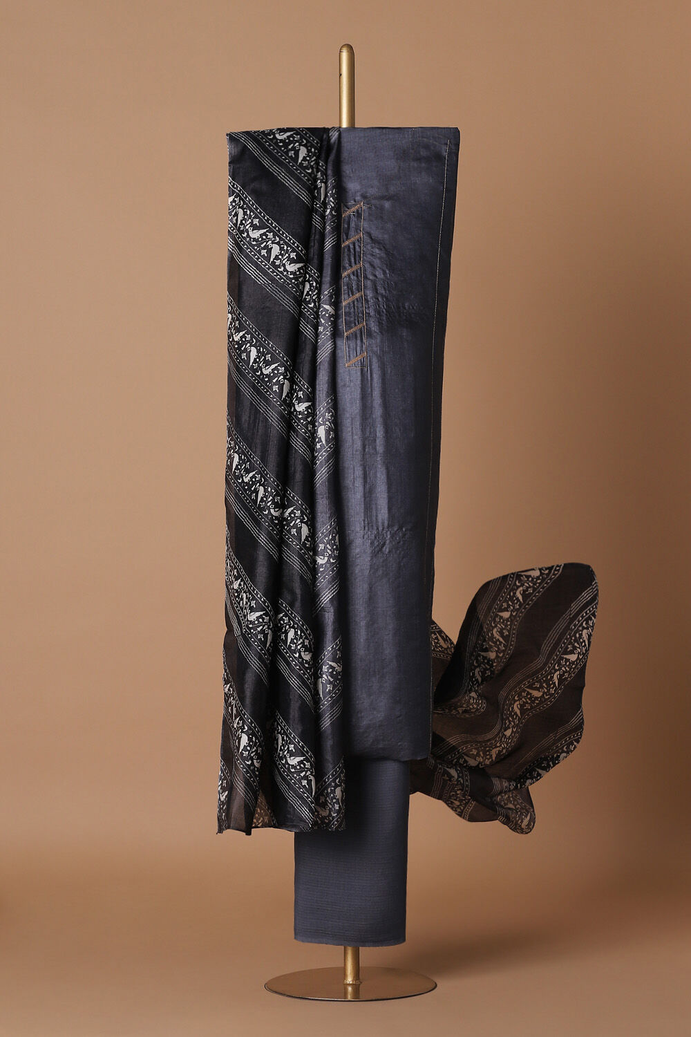 Grey Tussar Embroidered Unstitched Suit Set image number null