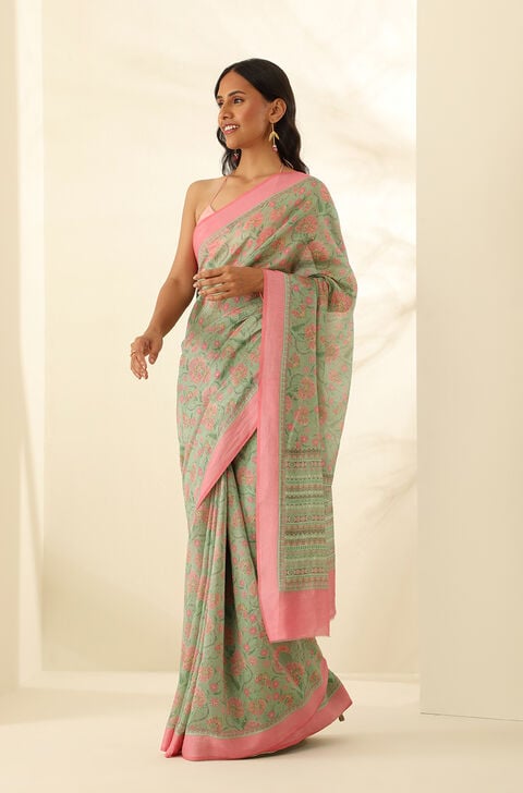 Light Green Pure Silk Cotton Printed Saree
