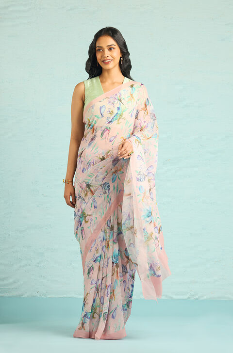 Pink Printed Viscose Georgette Saree