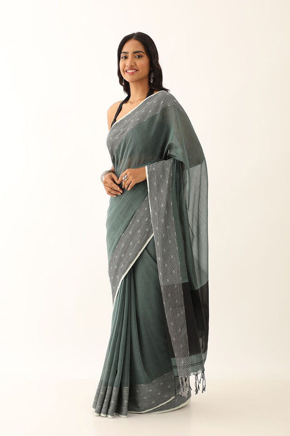 Smoky Green Pure Cotton Woven Bengali Saree image number null