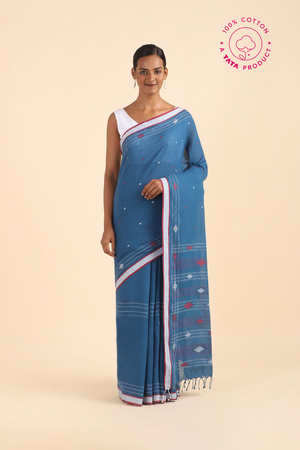 Blue Pure Cotton Jamdani Saree image number null