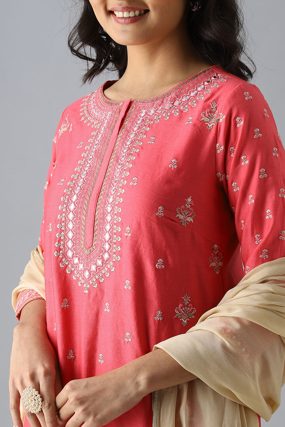 Pink Silk Cotton Embroidered Kurta Set image number null