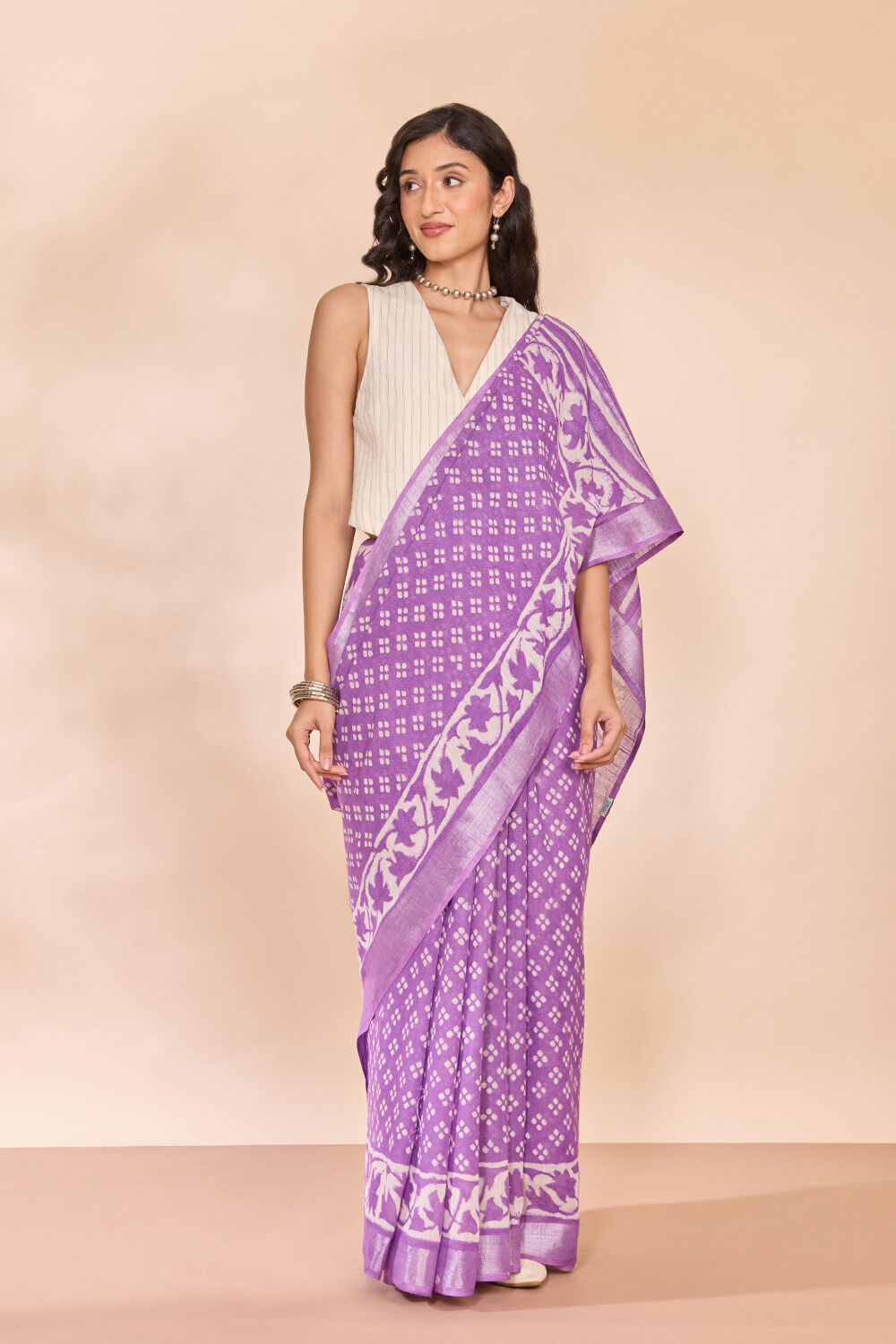 Light Violet Bagru Viscose Cotton Dabu Block Printed Saree image number null