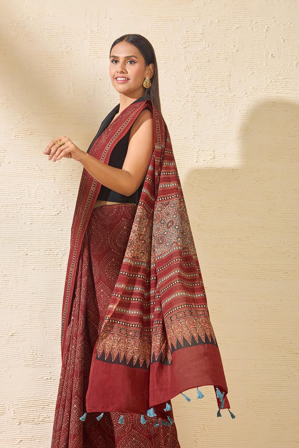 Red Gujarat Pure Cotton Ajrakh Saree image number null
