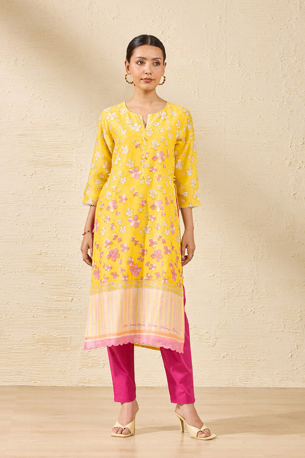 Light Yellow Sanganeri Block Printed Pure Silk Cotton Kurta image number null